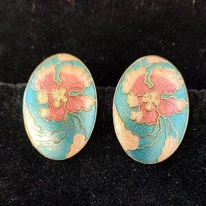 Beautiful Gold Tone Teal & Pink Flower Cloisonne Earrings - Pierced Like New